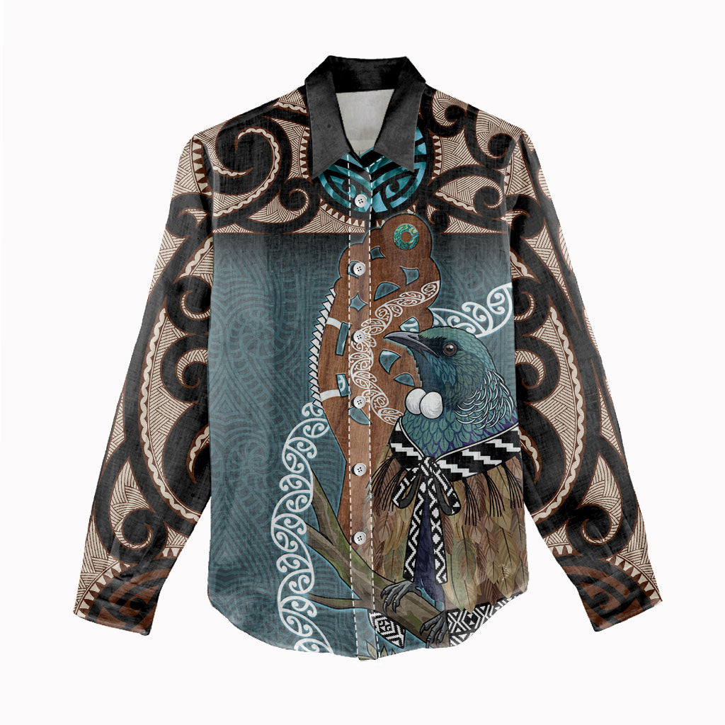 New Zealand Tui Bird Maripi Women Casual Shirt Maori Weapon Kowhaiwhai Pattern