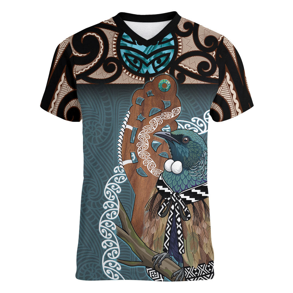 New Zealand Tui Bird Maripi Women V-Neck T-Shirt Maori Weapon Kowhaiwhai Pattern