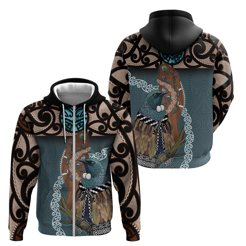 New Zealand Tui Bird Maripi Zip Hoodie Maori Weapon Kowhaiwhai Pattern
