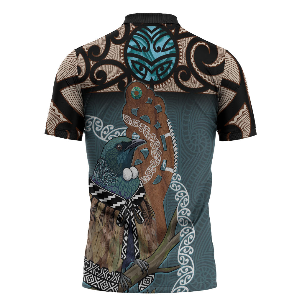 New Zealand Tui Bird Maripi Zipper Polo Shirt Maori Weapon Kowhaiwhai Pattern
