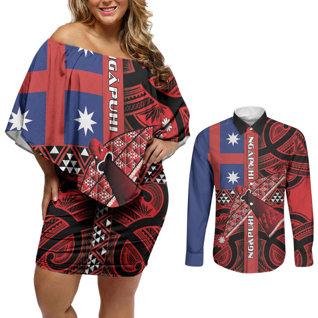 Aotearoa Iwi Ngapuhi Couples Matching Off Shoulder Short Dress and Long Sleeve Button Shirt Tuhoronuku Kite United Tribes Flag Maori Pattern