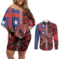 Aotearoa Iwi Ngapuhi Couples Matching Off Shoulder Short Dress and Long Sleeve Button Shirt Tuhoronuku Kite United Tribes Flag Maori Pattern LT22 Red - Polynesian Pride