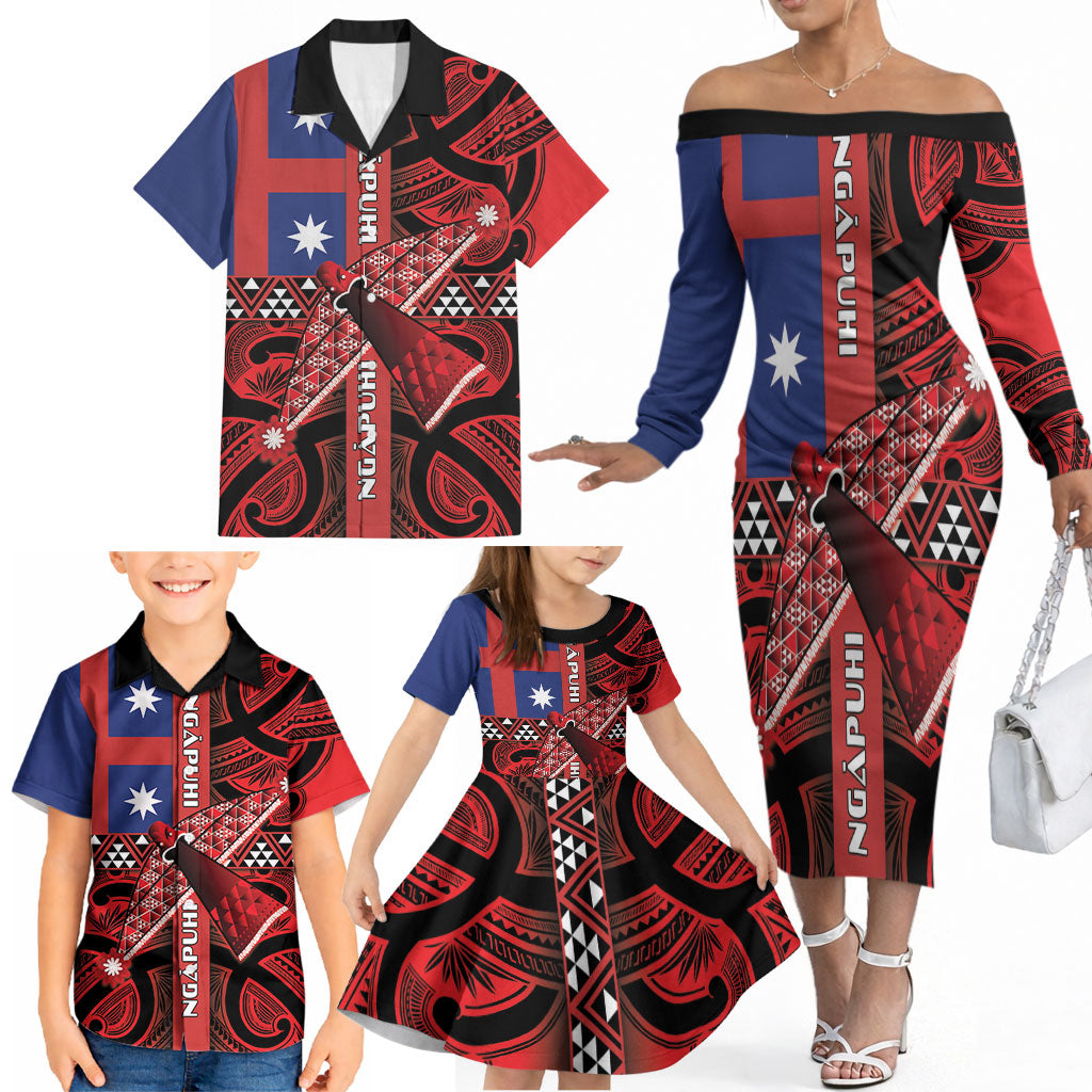 Aotearoa Iwi Ngapuhi Family Matching Off The Shoulder Long Sleeve Dress and Hawaiian Shirt Tuhoronuku Kite United Tribes Flag Maori Pattern LT22 - Polynesian Pride