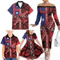 Aotearoa Iwi Ngapuhi Family Matching Off The Shoulder Long Sleeve Dress and Hawaiian Shirt Tuhoronuku Kite United Tribes Flag Maori Pattern LT22 - Polynesian Pride