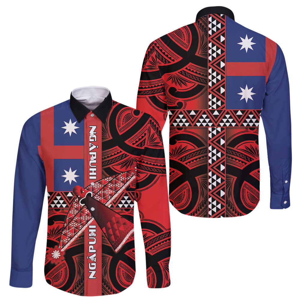 Aotearoa Iwi Ngapuhi Family Matching Off The Shoulder Long Sleeve Dress and Hawaiian Shirt Tuhoronuku Kite United Tribes Flag Maori Pattern LT22 Dad's Shirt - Long Sleeve Red - Polynesian Pride