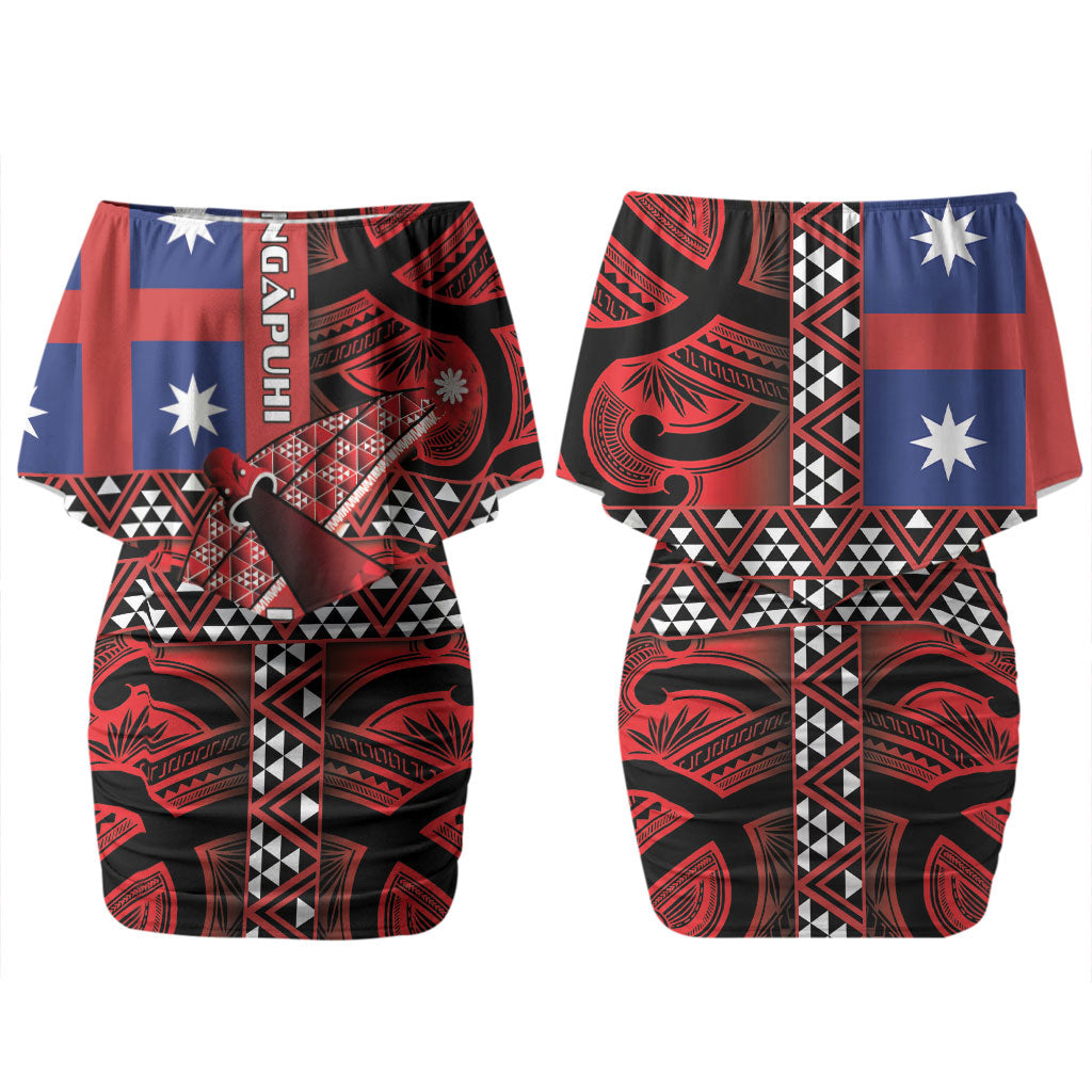 Aotearoa Iwi Ngapuhi Family Matching Off Shoulder Short Dress and Hawaiian Shirt Tuhoronuku Kite United Tribes Flag Maori Pattern LT22 Mom's Dress Red - Polynesian Pride