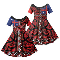 Aotearoa Iwi Ngapuhi Family Matching Off Shoulder Short Dress and Hawaiian Shirt Tuhoronuku Kite United Tribes Flag Maori Pattern LT22 Daughter's Dress Red - Polynesian Pride