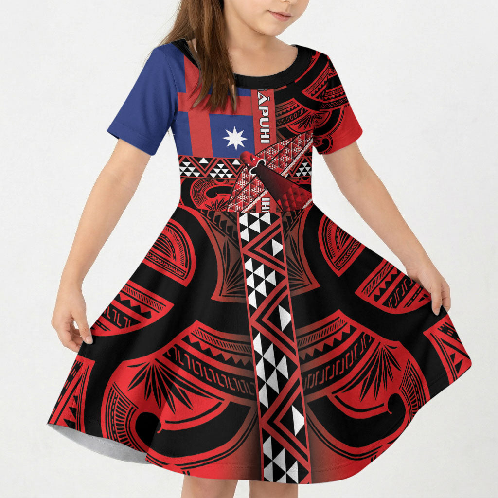 Aotearoa Iwi Ngapuhi Kid Short Sleeve Dress Tuhoronuku Kite United Tribes Flag Maori Pattern LT22 KID Red - Polynesian Pride