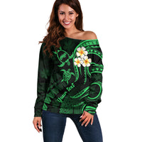 Personalised Niihau Hawaii Off Shoulder Sweater Polynesian Tattoo and Pacific Plumeria Green Vibe LT9 Women Green - Polynesian Pride
