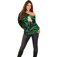 Personalised Niihau Hawaii Off Shoulder Sweater Polynesian Tattoo and Pacific Plumeria Green Vibe LT9 - Polynesian Pride