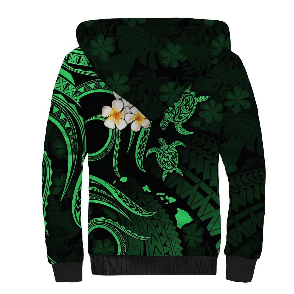 Personalised Niihau Hawaii Sherpa Hoodie Polynesian Tattoo and Pacific Plumeria Green Vibe LT9 - Polynesian Pride