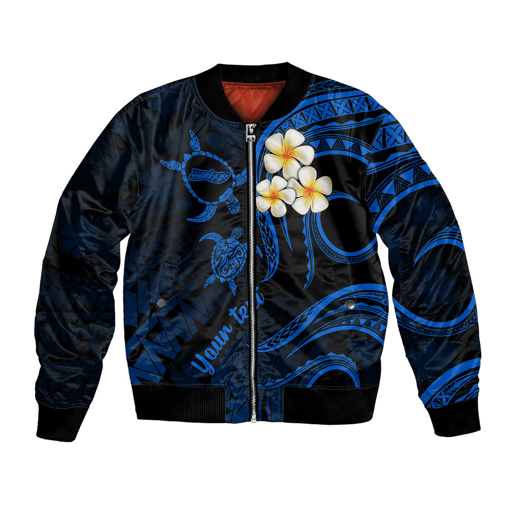 Personalised Molokai Hawaii Bomber Jacket Polynesian Tattoo and Pacific Plumeria Blue Vibe LT9 Unisex Blue - Polynesian Pride