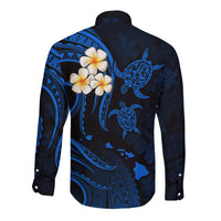 Personalised Molokai Hawaii Long Sleeve Button Shirt Polynesian Tattoo and Pacific Plumeria Blue Vibe LT9 - Polynesian Pride