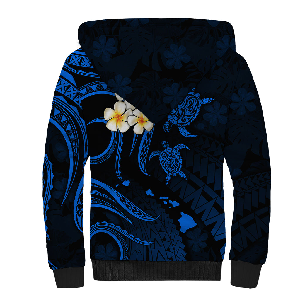 Personalised Molokai Hawaii Sherpa Hoodie Polynesian Tattoo and Pacific Plumeria Blue Vibe LT9 - Polynesian Pride