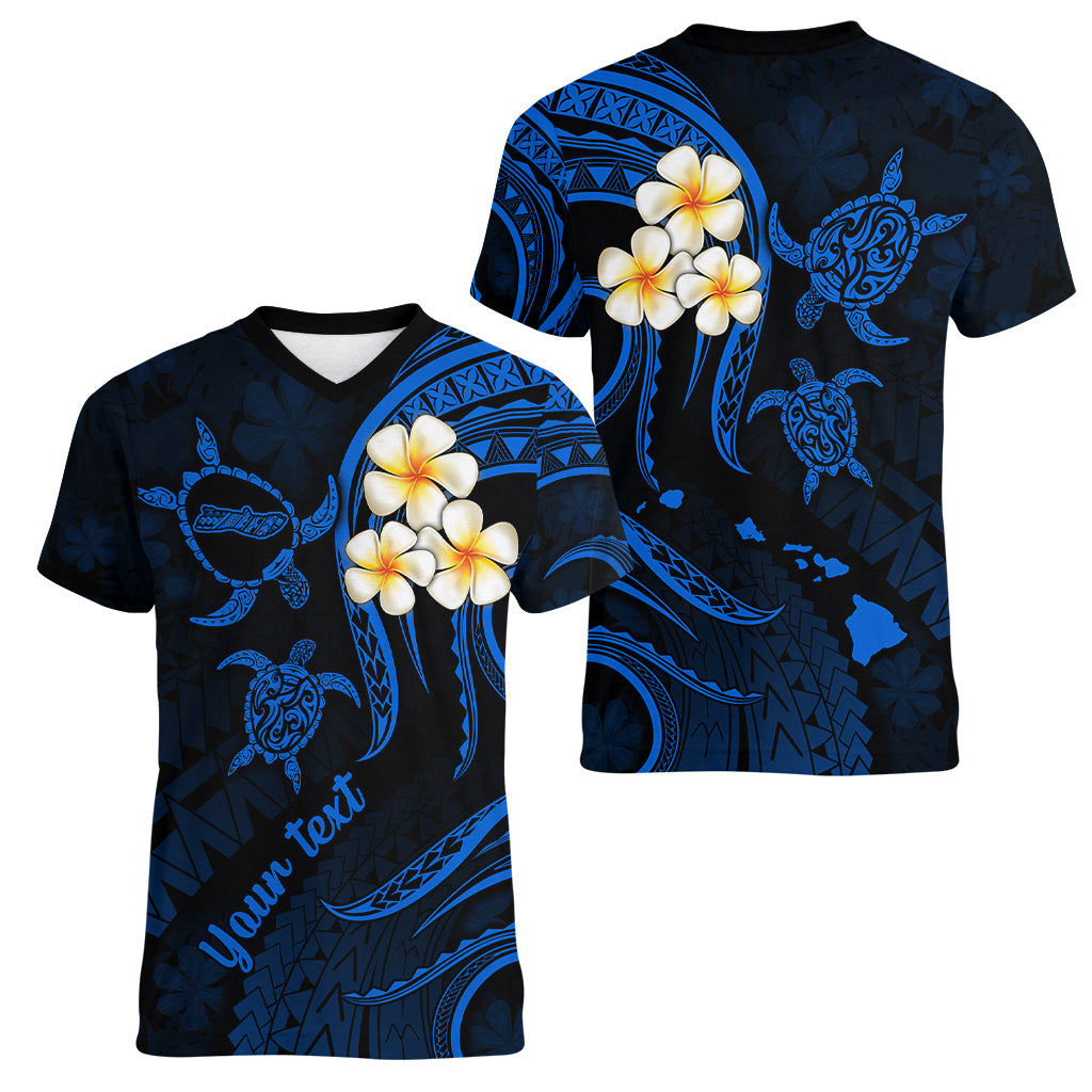 Personalised Molokai Hawaii Women V Neck T Shirt Polynesian Tattoo and Pacific Plumeria Blue Vibe LT9 - Polynesian Pride