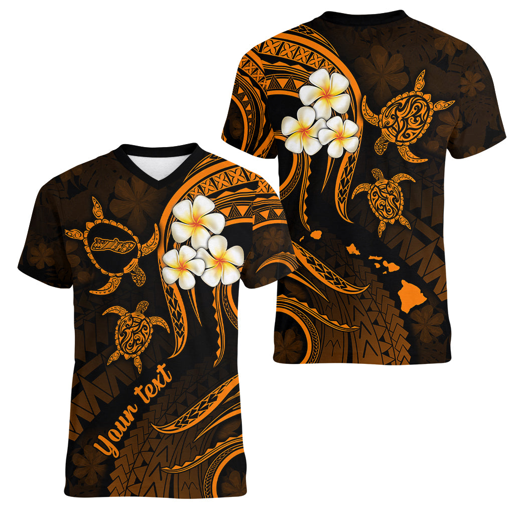 Personalised Molokai Hawaii Women V Neck T Shirt Polynesian Tattoo and Pacific Plumeria Gold Vibe LT9 - Polynesian Pride