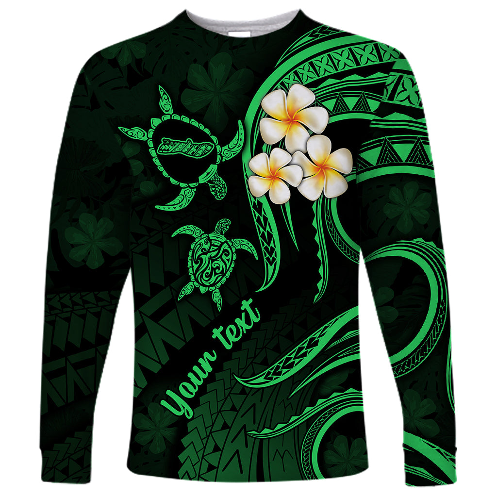 Personalised Molokai Hawaii Long Sleeve Shirt Polynesian Tattoo and Pacific Plumeria Green Vibe LT9 Unisex Green - Polynesian Pride