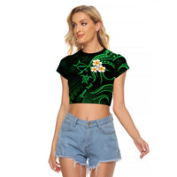 Personalised Molokai Hawaii Raglan Cropped T Shirt Polynesian Tattoo and Pacific Plumeria Green Vibe LT9 Female Green - Polynesian Pride