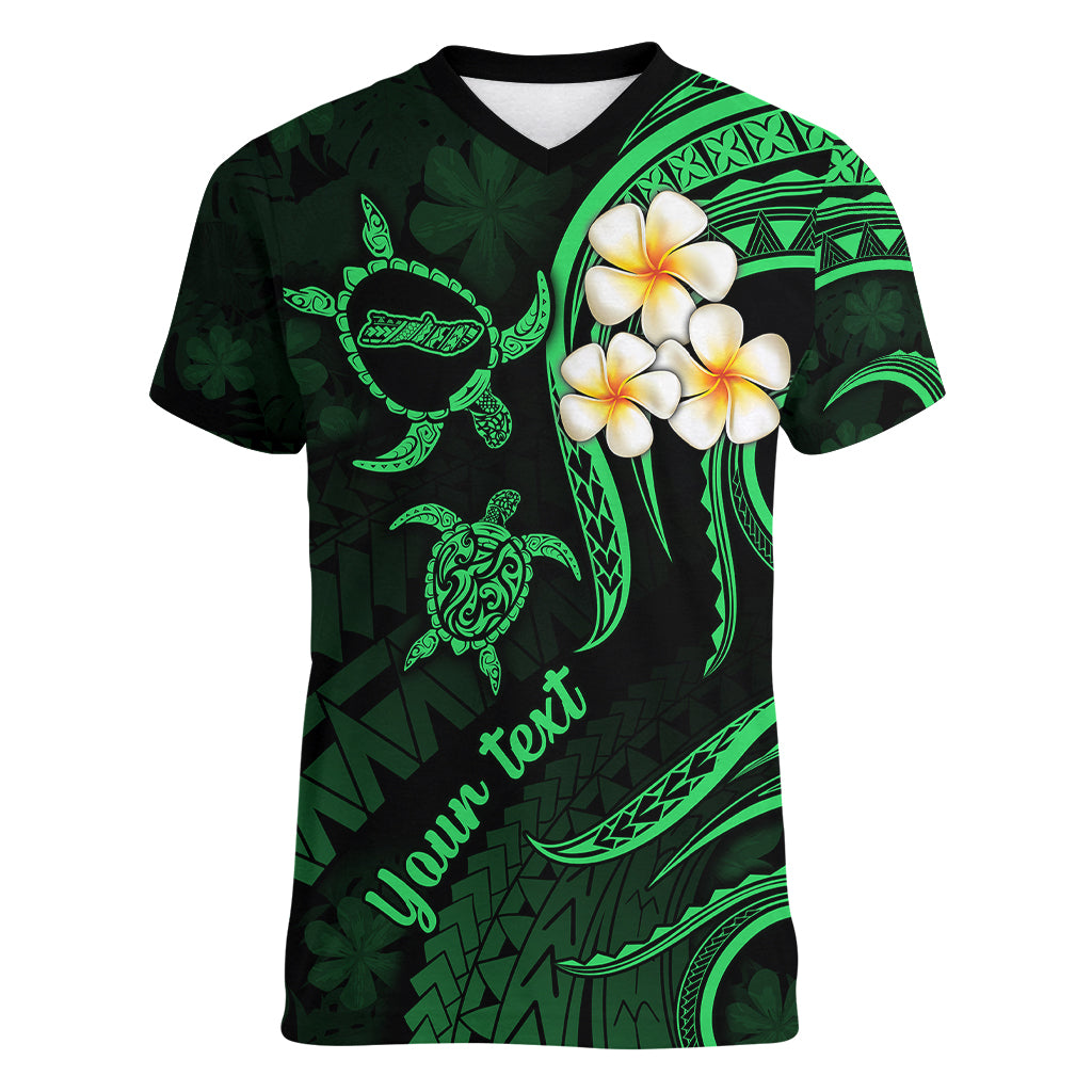 Personalised Molokai Hawaii Women V Neck T Shirt Polynesian Tattoo and Pacific Plumeria Green Vibe LT9 Female Green - Polynesian Pride