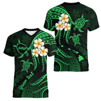 Personalised Molokai Hawaii Women V Neck T Shirt Polynesian Tattoo and Pacific Plumeria Green Vibe LT9 - Polynesian Pride