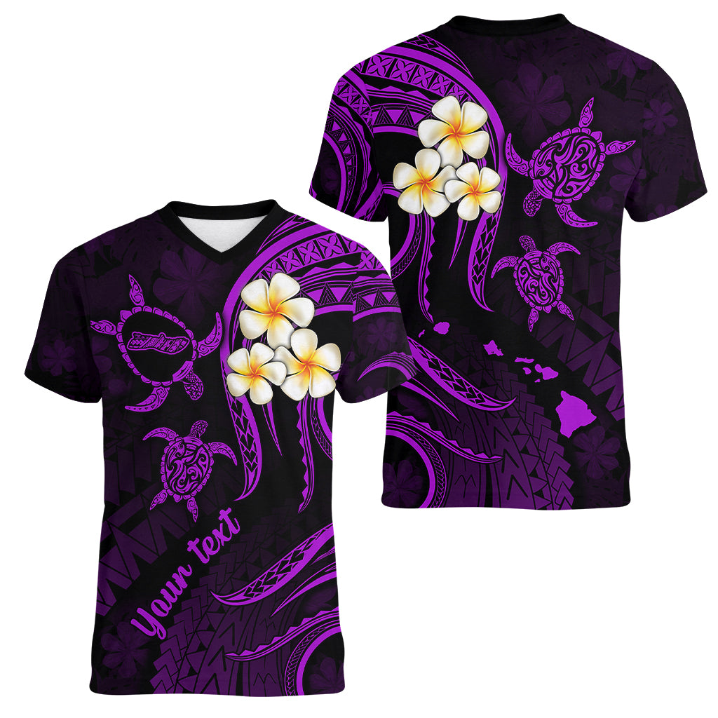 Personalised Molokai Hawaii Women V Neck T Shirt Polynesian Tattoo and Pacific Plumeria Purple Vibe LT9 - Polynesian Pride