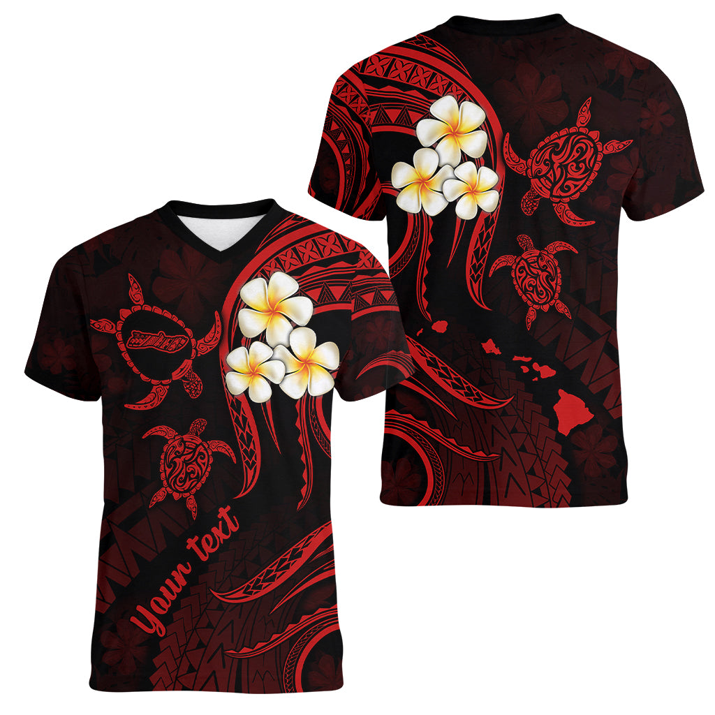 Personalised Molokai Hawaii Women V Neck T Shirt Polynesian Tattoo and Pacific Plumeria Red Vibe LT9 - Polynesian Pride