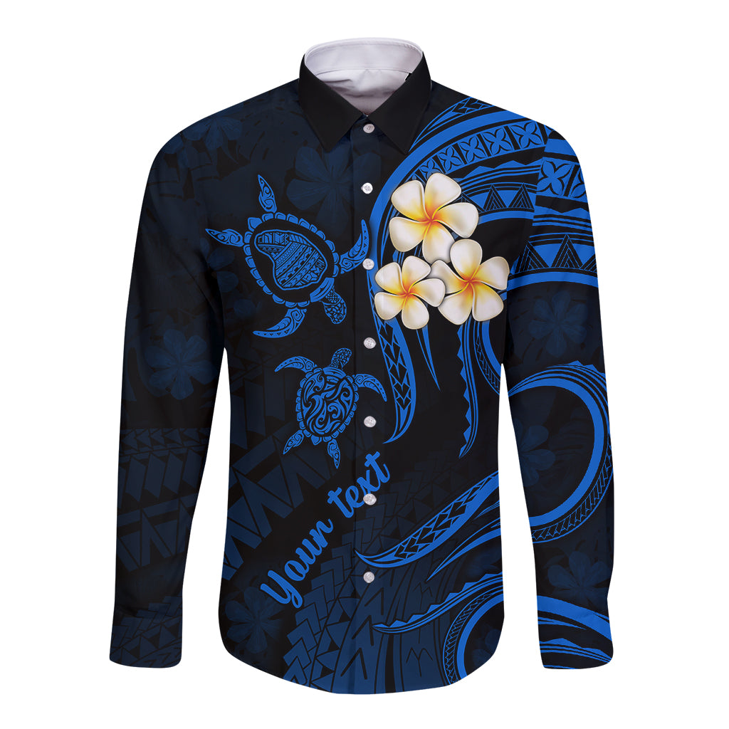 Personalised Lanai Hawaii Long Sleeve Button Shirt Polynesian Tattoo and Pacific Plumeria Blue Vibe LT9 Unisex Blue - Polynesian Pride