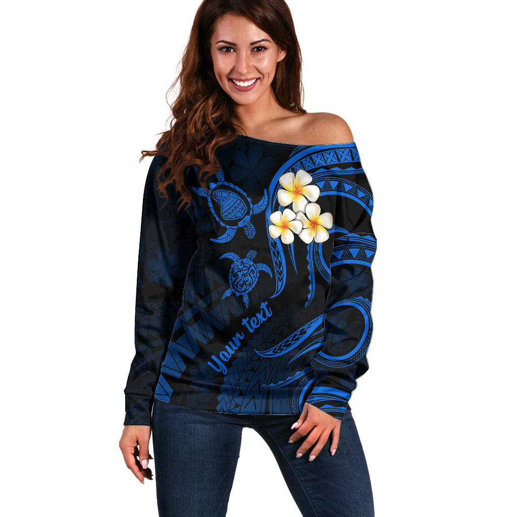 Personalised Lanai Hawaii Off Shoulder Sweater Polynesian Tattoo and Pacific Plumeria Blue Vibe LT9 Women Blue - Polynesian Pride