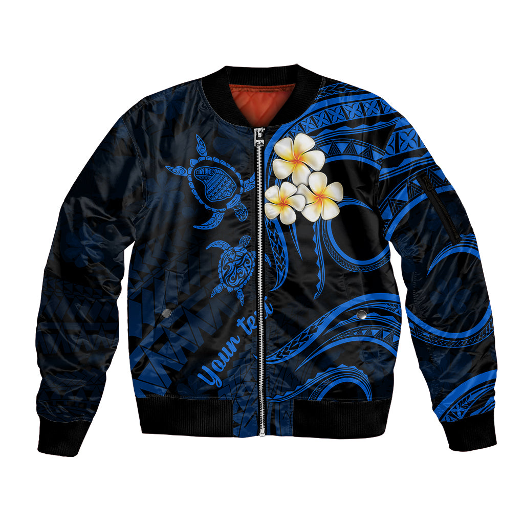 Personalised Lanai Hawaii Sleeve Zip Bomber Jacket Polynesian Tattoo and Pacific Plumeria Blue Vibe LT9 Unisex Blue - Polynesian Pride