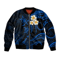 Personalised Lanai Hawaii Sleeve Zip Bomber Jacket Polynesian Tattoo and Pacific Plumeria Blue Vibe LT9 Unisex Blue - Polynesian Pride
