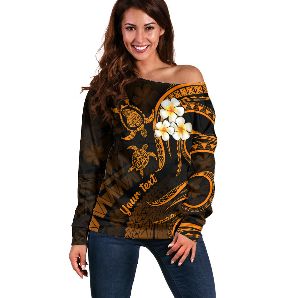 Personalised Lanai Hawaii Off Shoulder Sweater Polynesian Tattoo and Pacific Plumeria Gold Vibe LT9 Women Gold - Polynesian Pride