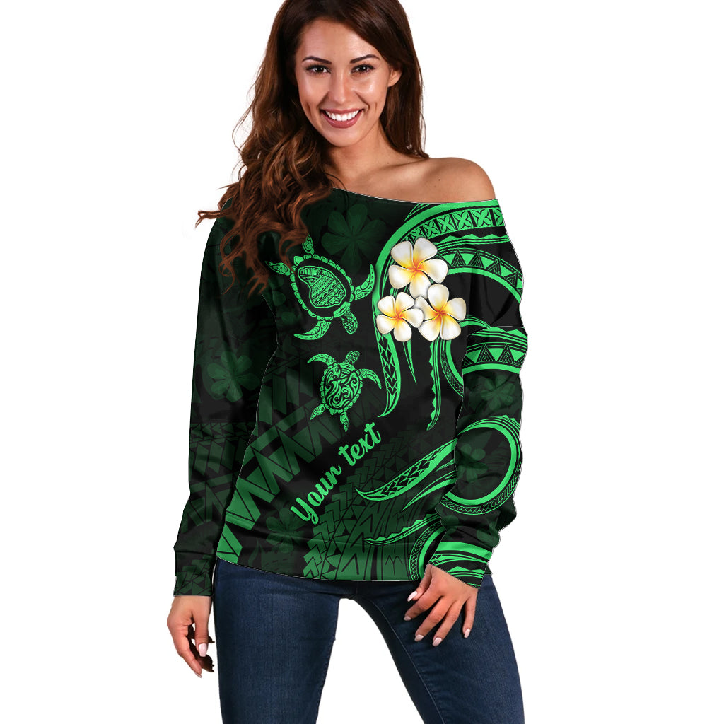 Personalised Lanai Hawaii Off Shoulder Sweater Polynesian Tattoo and Pacific Plumeria Green Vibe LT9 Women Green - Polynesian Pride