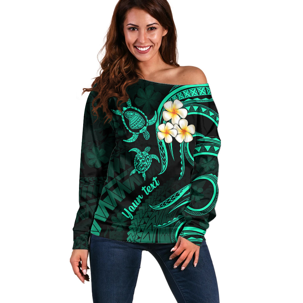 Personalised Lanai Hawaii Off Shoulder Sweater Polynesian Tattoo and Pacific Plumeria Turquoise Vibe LT9 Women Turquoise - Polynesian Pride