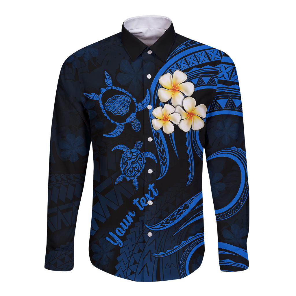Personalised Kauai Hawaii Long Sleeve Button Shirt Polynesian Tattoo and Pacific Plumeria Blue Vibe LT9 Unisex Blue - Polynesian Pride