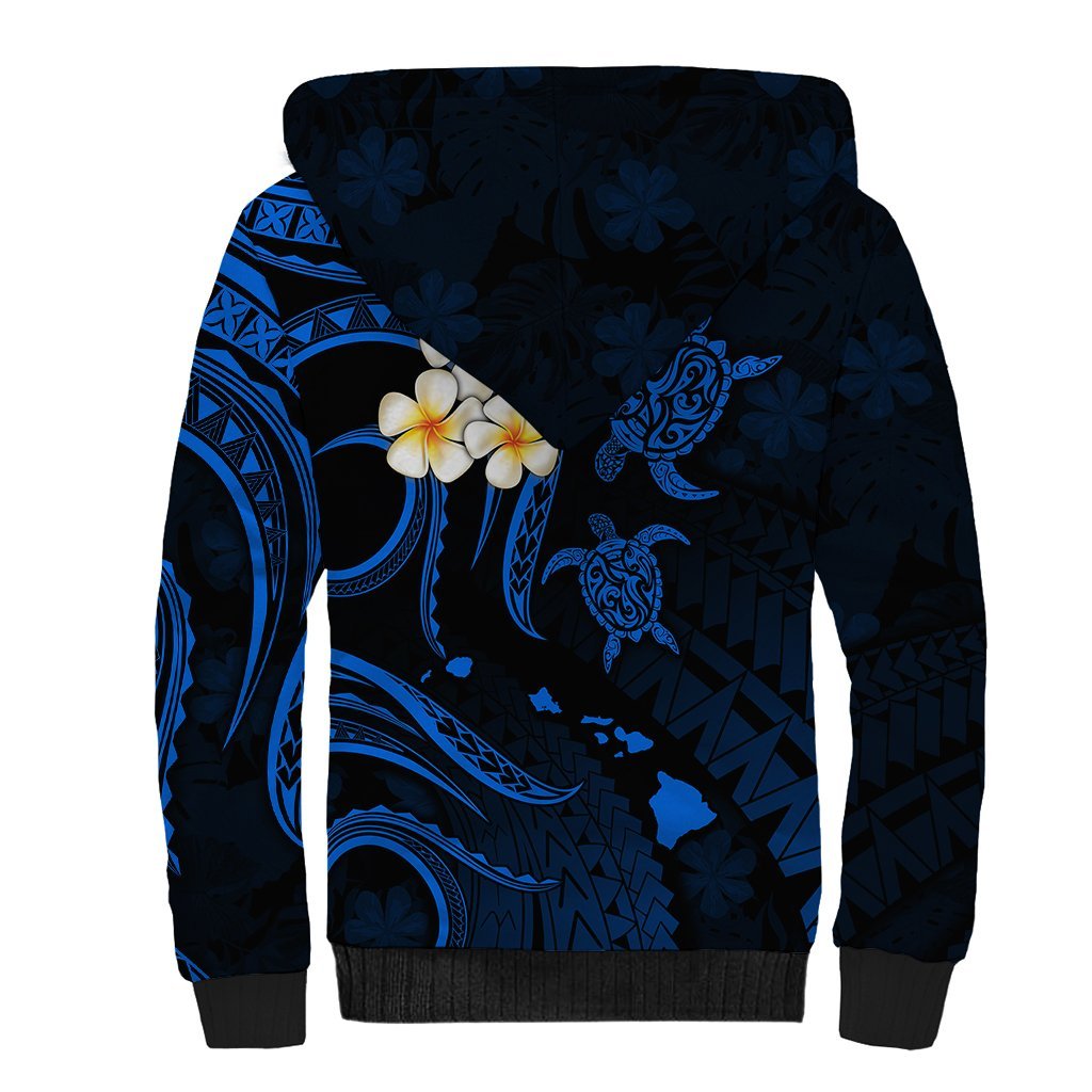 Personalised Kauai Hawaii Sherpa Hoodie Polynesian Tattoo and Pacific Plumeria Blue Vibe LT9 - Polynesian Pride