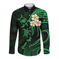 Personalised Kauai Hawaii Long Sleeve Button Shirt Polynesian Tattoo and Pacific Plumeria Green Vibe LT9 Unisex Green - Polynesian Pride