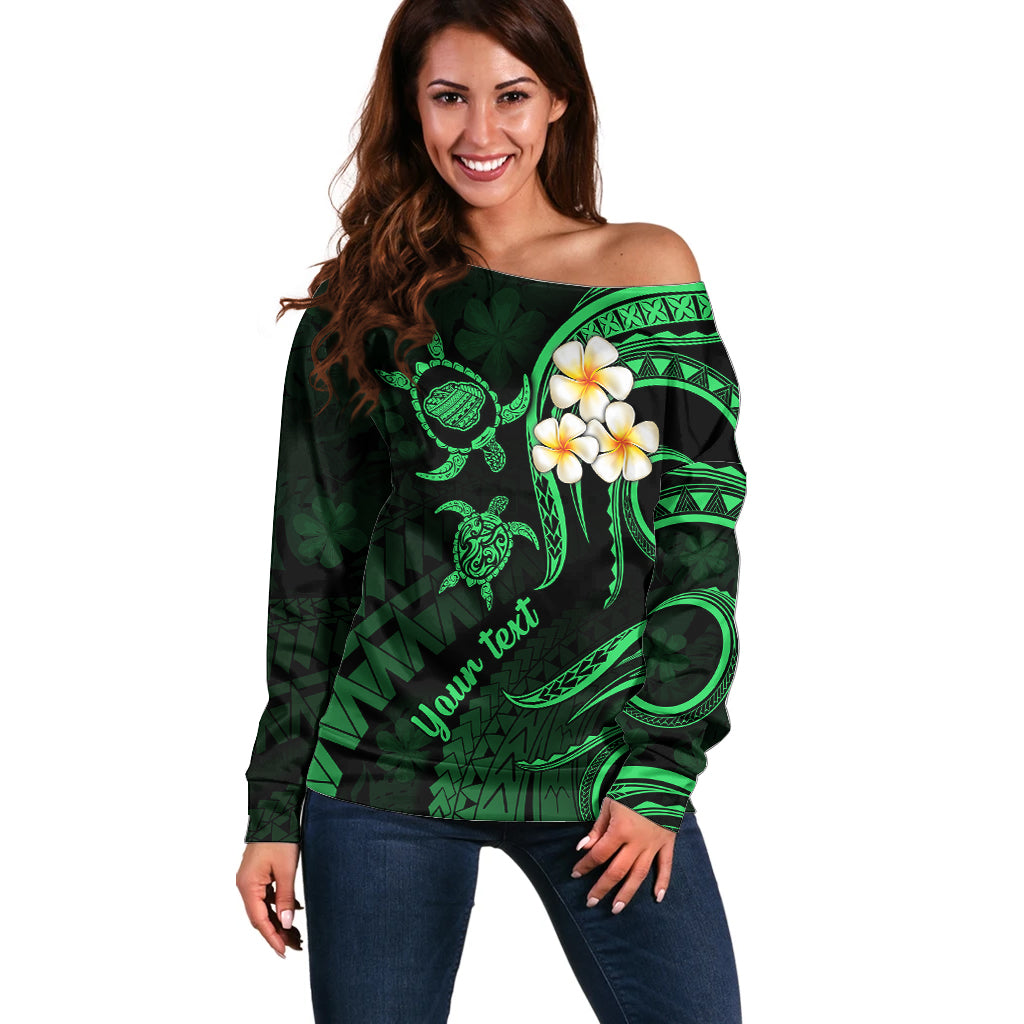 Personalised Kauai Hawaii Off Shoulder Sweater Polynesian Tattoo and Pacific Plumeria Green Vibe LT9 Women Green - Polynesian Pride