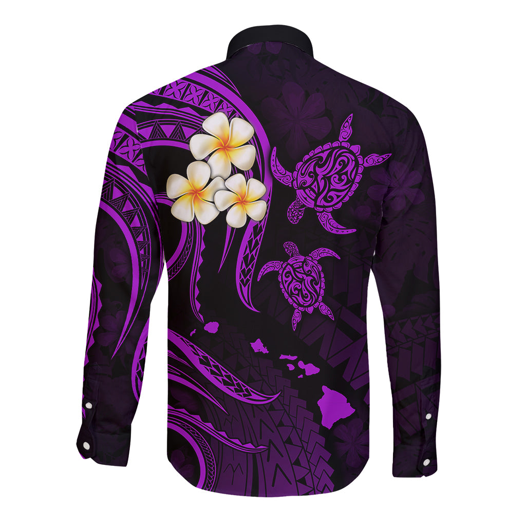 Personalised Kauai Hawaii Long Sleeve Button Shirt Polynesian Tattoo and Pacific Plumeria Purple Vibe LT9 - Polynesian Pride