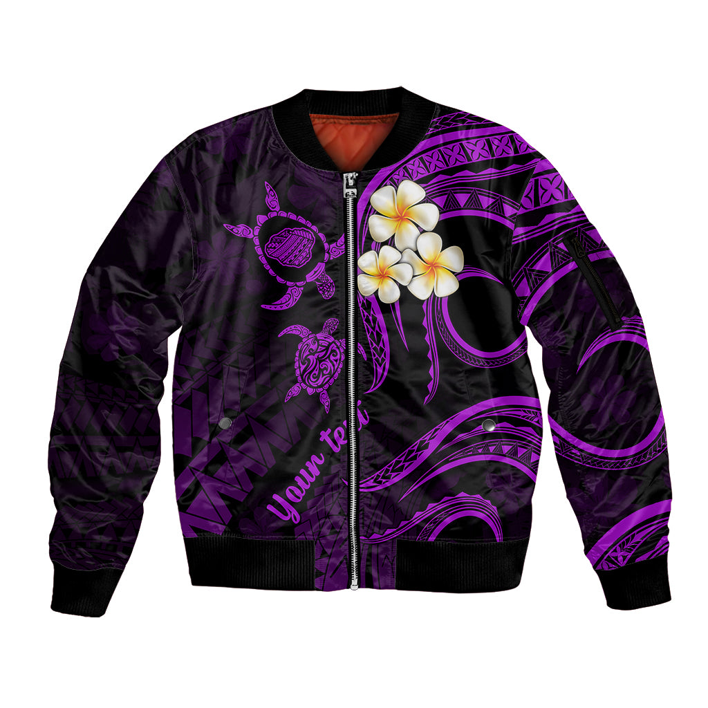 Personalised Kauai Hawaii Sleeve Zip Bomber Jacket Polynesian Tattoo and Pacific Plumeria Purple Vibe LT9 Unisex Purple - Polynesian Pride