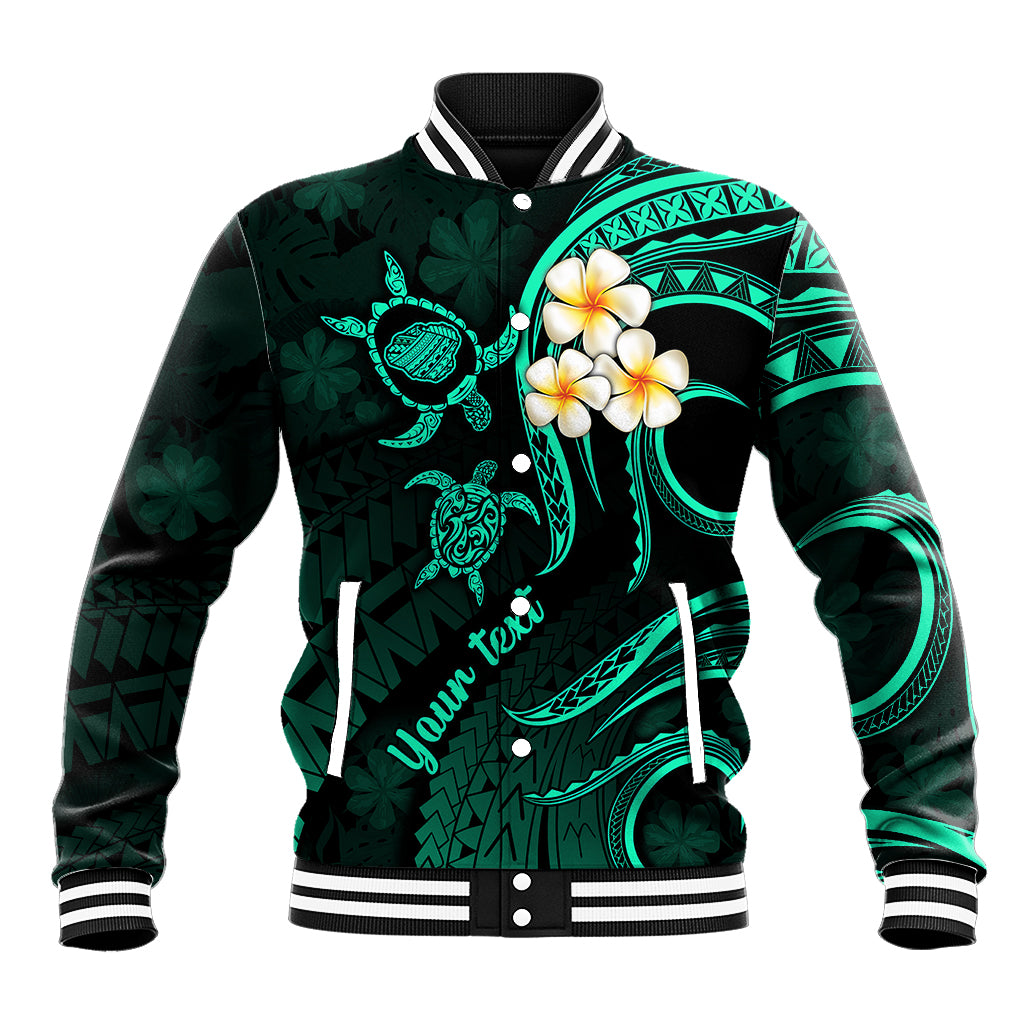 Personalised Kauai Hawaii Baseball Jacket Polynesian Tattoo and Pacific Plumeria Turquoise Vibe LT9 Unisex Turquoise - Polynesian Pride