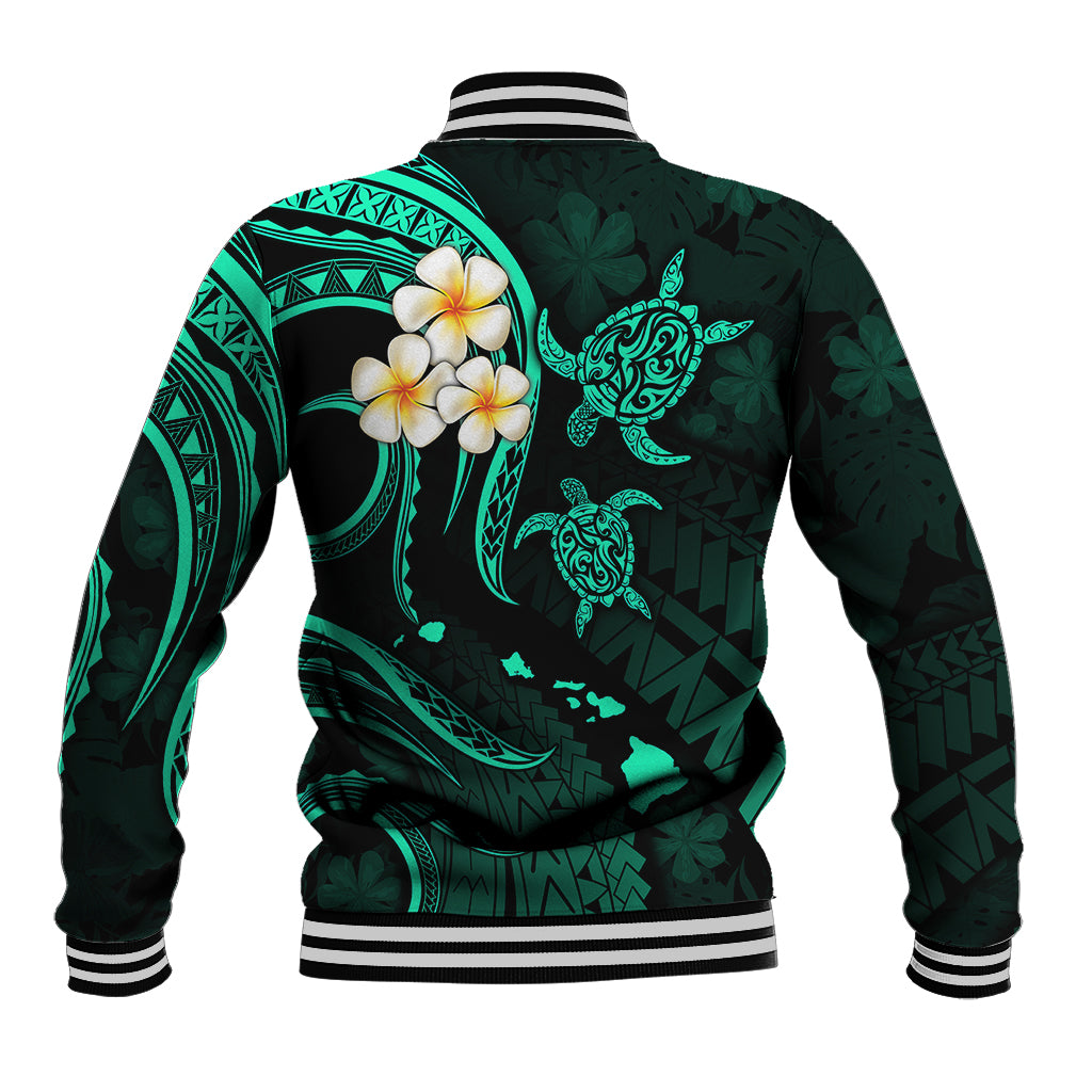 Personalised Kauai Hawaii Baseball Jacket Polynesian Tattoo and Pacific Plumeria Turquoise Vibe LT9 - Polynesian Pride