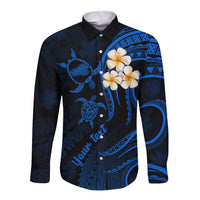 Personalised Kahoolawe Hawaii Long Sleeve Button Shirt Polynesian Tattoo and Pacific Plumeria Blue Vibe LT9 Unisex Blue - Polynesian Pride