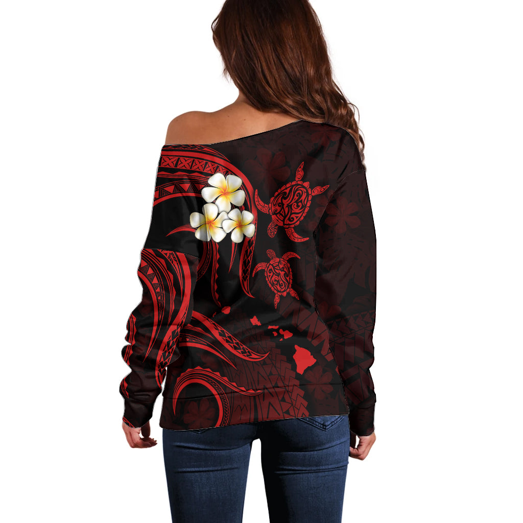 Personalised Kahoolawe Hawaii Off Shoulder Sweater Polynesian Tattoo and Pacific Plumeria Red Vibe LT9 - Polynesian Pride