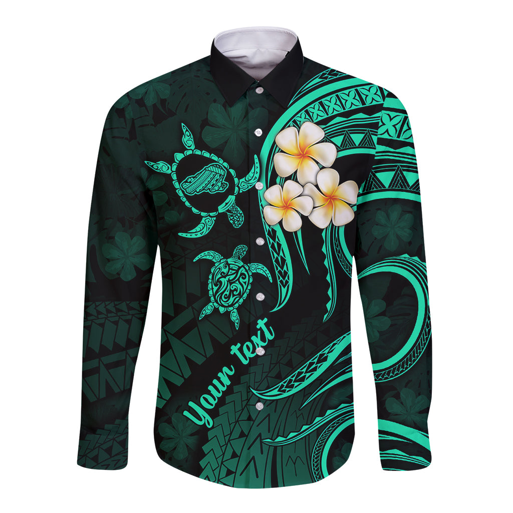 Personalised Kahoolawe Hawaii Long Sleeve Button Shirt Polynesian Tattoo and Pacific Plumeria Turquoise Vibe LT9 Unisex Turquoise - Polynesian Pride
