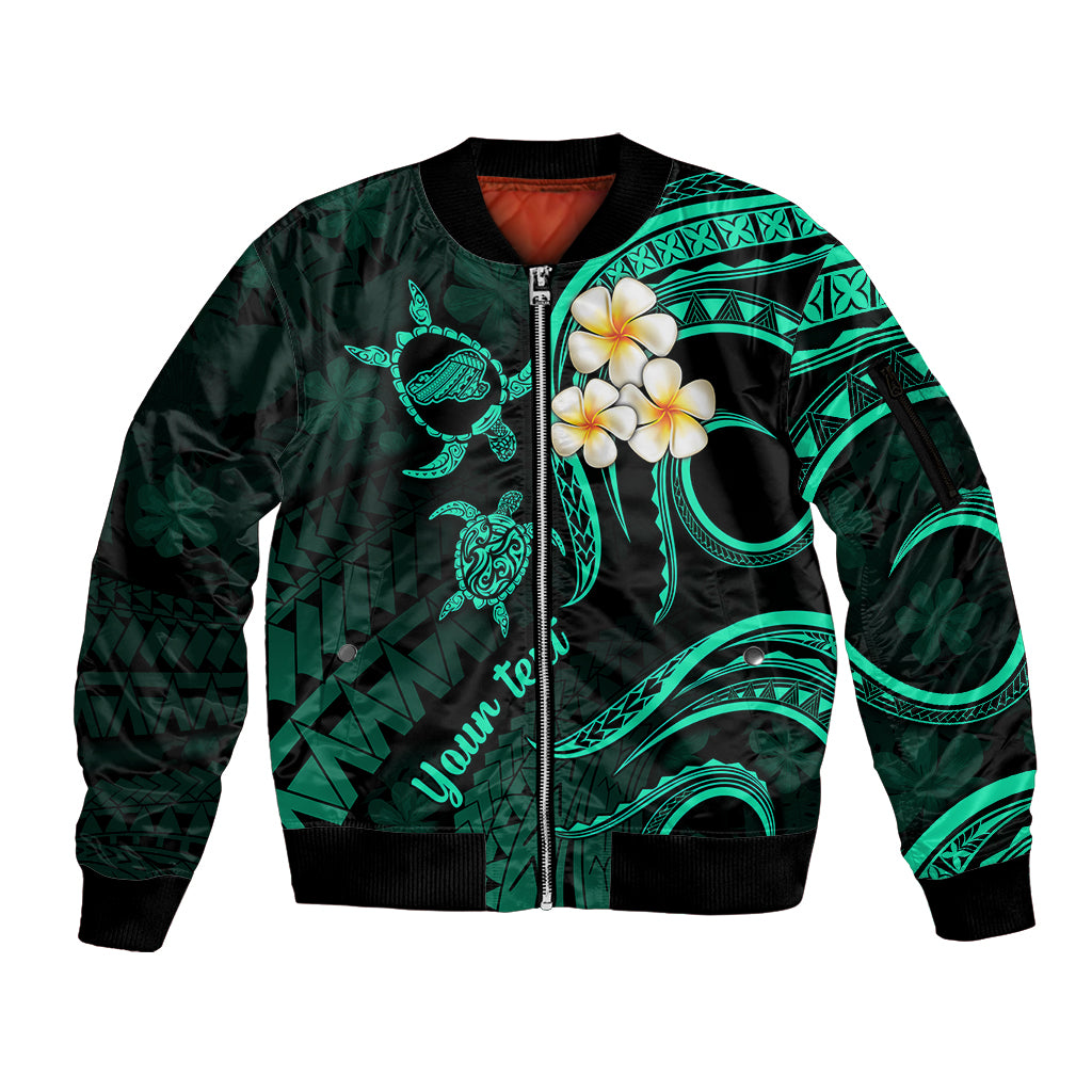 Personalised Kahoolawe Hawaii Sleeve Zip Bomber Jacket Polynesian Tattoo and Pacific Plumeria Turquoise Vibe LT9 Unisex Turquoise - Polynesian Pride