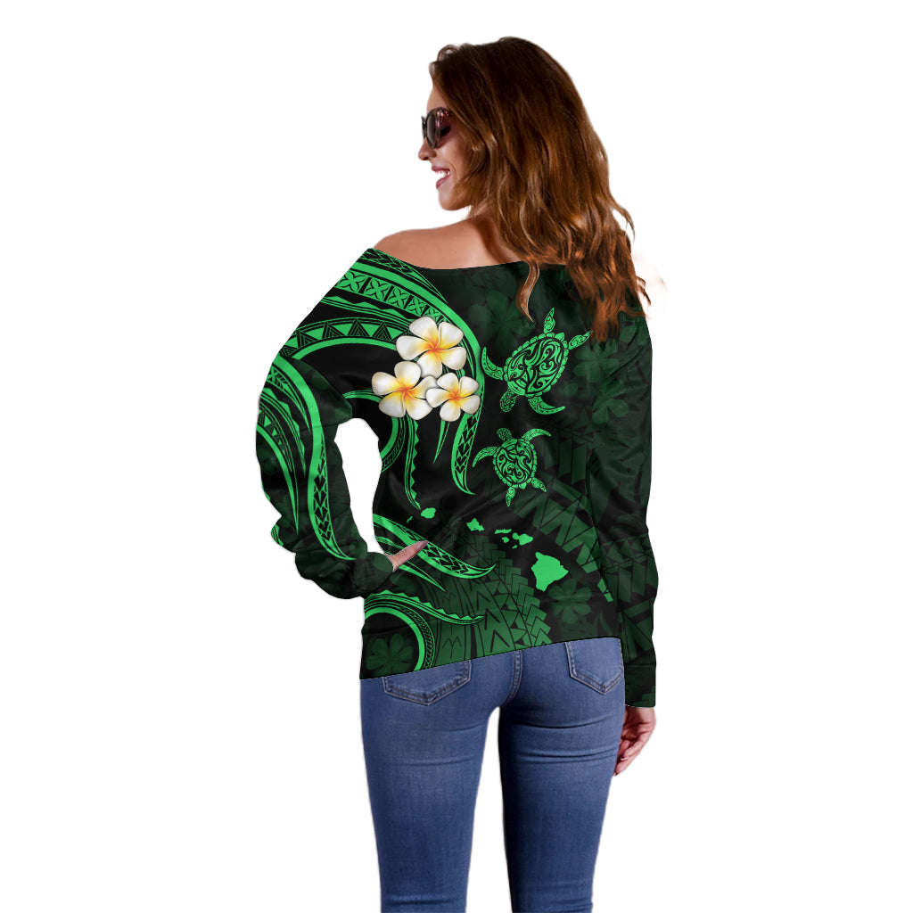 Hawaii Off Shoulder Sweater Maui Islands Pacific Plumeria Green Vibe LT9 - Polynesian Pride