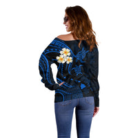 Personalised Maui Hawaii Off Shoulder Sweater Polynesian Tattoo and Pacific Plumeria Blue Vibe LT9 - Polynesian Pride