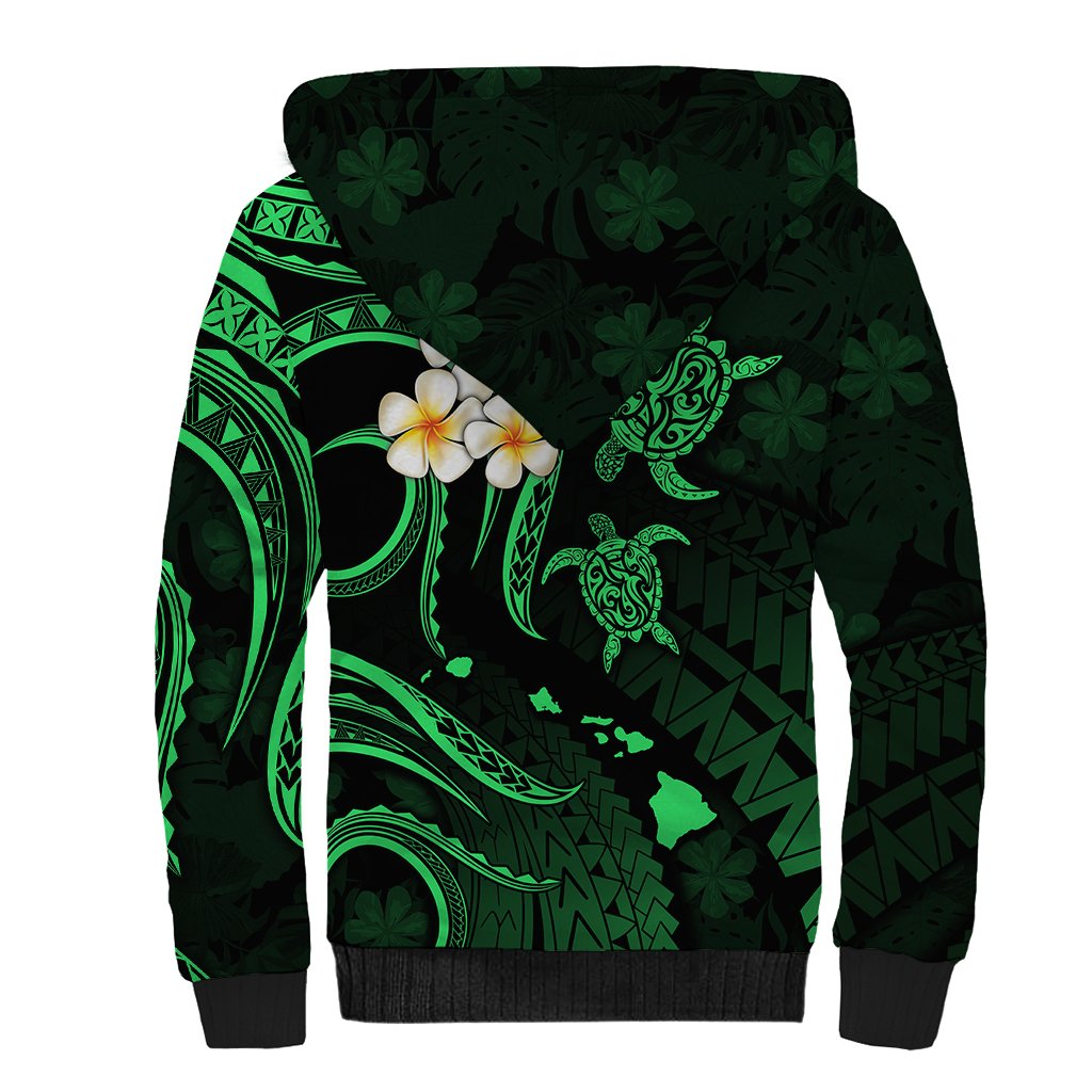 Personalised Maui Hawaii Sherpa Hoodie Polynesian Tattoo and Pacific Plumeria Green Vibe LT9 - Polynesian Pride