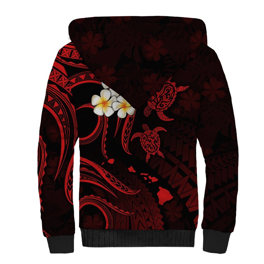 Personalised Maui Hawaii Sherpa Hoodie Polynesian Tattoo and Pacific Plumeria Red Vibe LT9 - Polynesian Pride