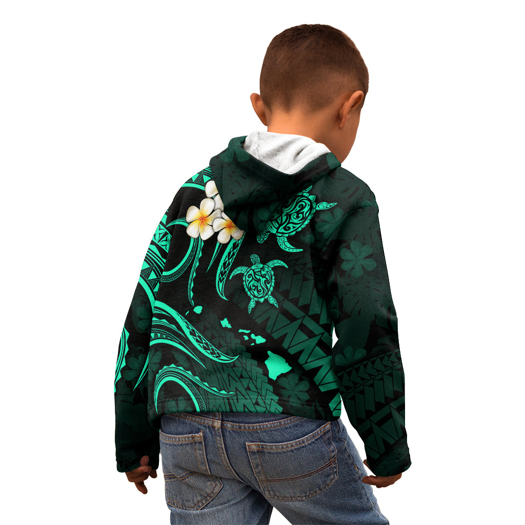 Personalised Maui Hawaii Kid Hoodie Polynesian Tattoo and Pacific Plumeria Turquoise Vibe LT9 - Polynesian Pride